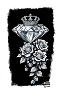 "Diamond in rough" big diamond with crown on top with roses filled with diamonds cascading down leg tattoo design idea