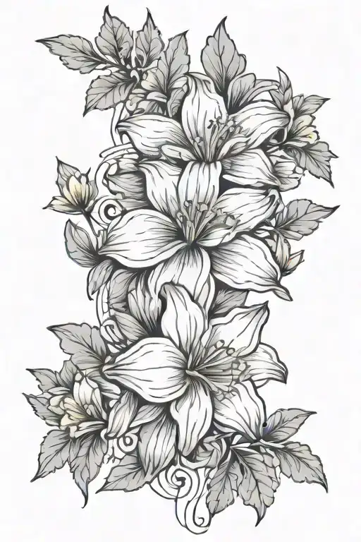 spine tattoo, similar to a daisy chain, of outlined flowers, a daffodil flower at the top, then a marigold flower below  tattoo design idea