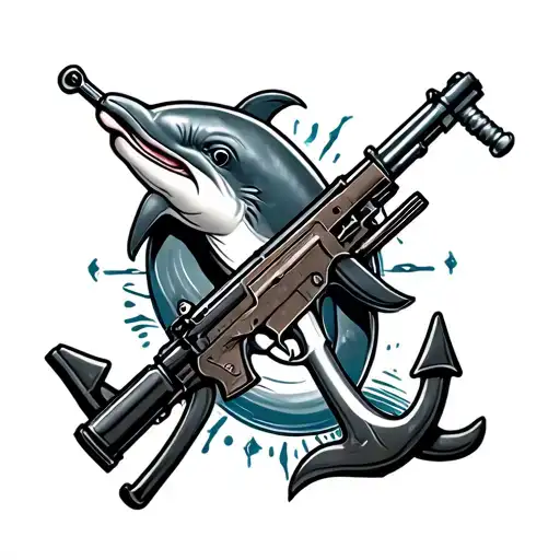 dolphin with anchor and galil ace 21 rifle  tattoo design idea
