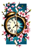 Half -broken clock surrounded by cherry blossom with an eye in the center tattoo design idea