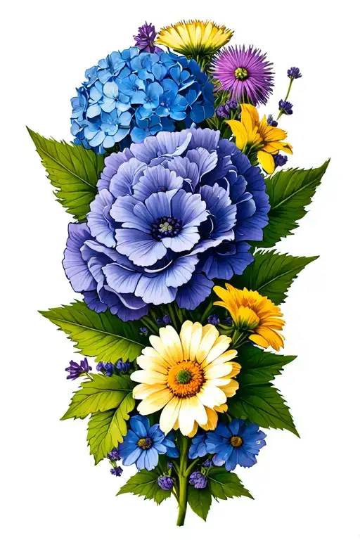 blue hydrangeas, lavender, cornflower, thistle, Tudor rose, common daisy, Marguerite daisy, poppy, daffodil like vine tattoo design idea