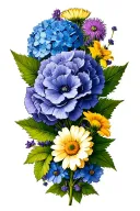 blue hydrangeas, lavender, cornflower, thistle, Tudor rose, common daisy, Marguerite daisy, poppy, daffodil like vine tattoo design idea
