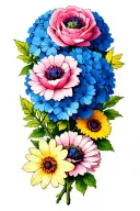 blue hydrangeas, lavender, cornflower, thistle, Tudor rose, common daisy, Marguerite daisy, poppy, daffodil like vine tattoo design idea