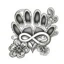 dogs paw print along with a heart symbol and infinity symbol, along with letters J and M tattoo design idea