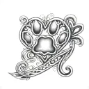 dogs paw print along with a heart symbol and infinity symbol, along with letters J and M tattoo design idea