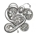 dogs paw print along with a heart symbol and infinity symbol, along with letters J and M tattoo design idea