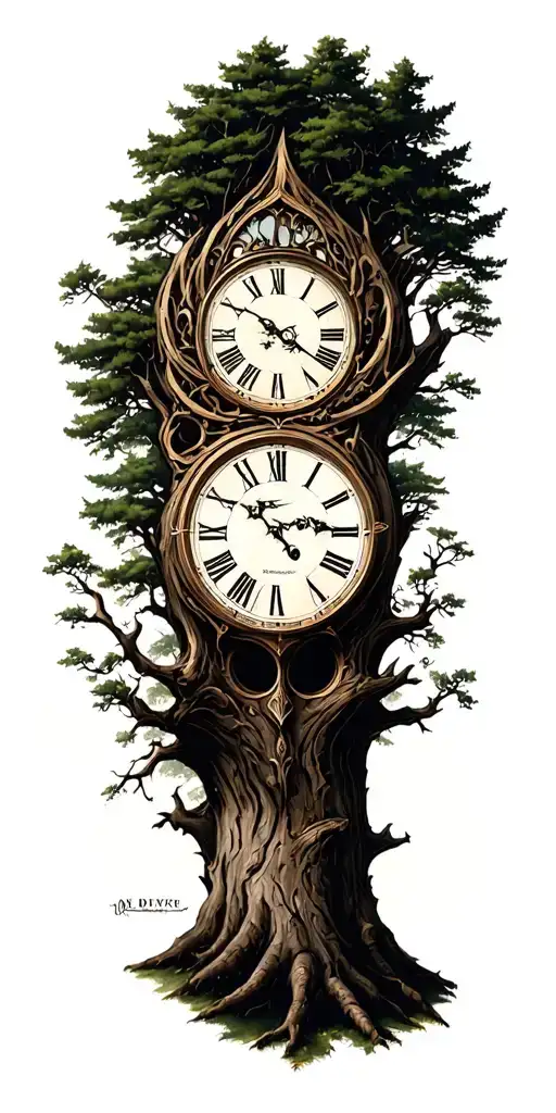 clock face incorporated on tree tattoo design idea