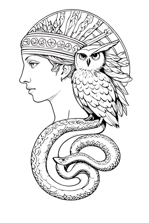 goddess athena with owl and snake tattoo design idea