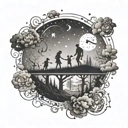 A surreal scene of a family constellation in the night sky, connecting the client's love for family with the vastness of space tattoo design idea
