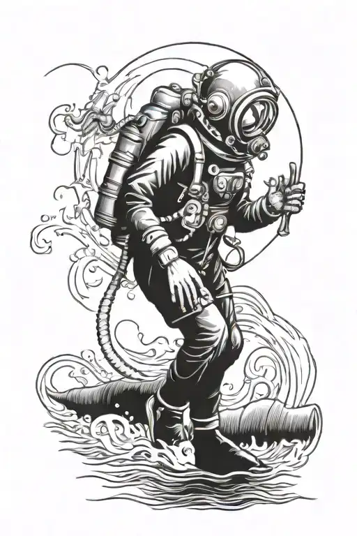 old fashioned deep sea diver no color  tattoo design idea