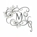 delicate cursive m with vining floral tattoo design idea