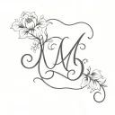 delicate cursive m with vining floral tattoo design idea