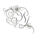 delicate cursive m with vining floral tattoo design idea