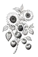 Strawberries,blackberries, sunflowers, beans on the vine, possibly cherry tomato branch, and I’d love to add herbs tattoo design idea