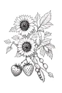 Strawberries,blackberries, sunflowers, beans on the vine, possibly cherry tomato branch, and I’d love to add herbs tattoo design idea