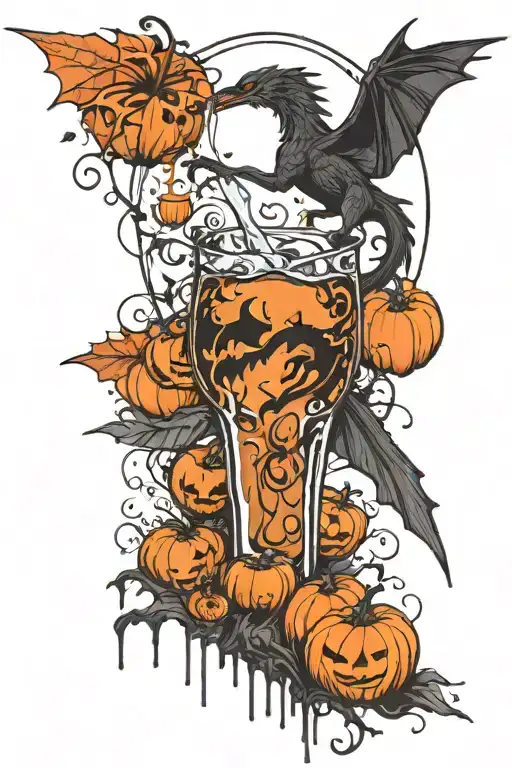A tattoo design of a graceful thestral drinking water from a moonlit lake decorated with pumpkins jack-o'-lantern  tattoo design idea