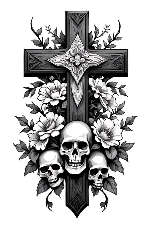 cross with flowers and vines and skulls surrounded tattoo design idea
