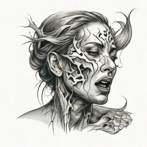 A dramatic and emotional depiction of a woman's face in agony, capturing the essence of sorrow and suffering tattoo design idea
