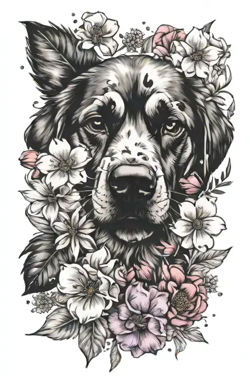 dog paw print surrounded by flowers tattoo design idea
