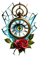 eye inside a clock with a broken glass and a rose on the bottom  tattoo design idea