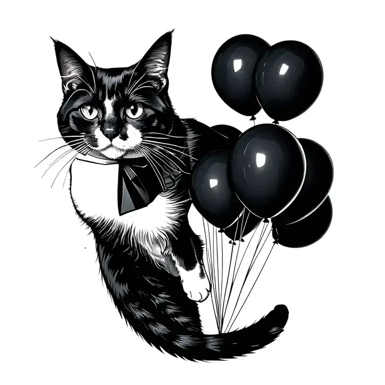 tuxedo cat floating with black balloons floating tattoo design idea