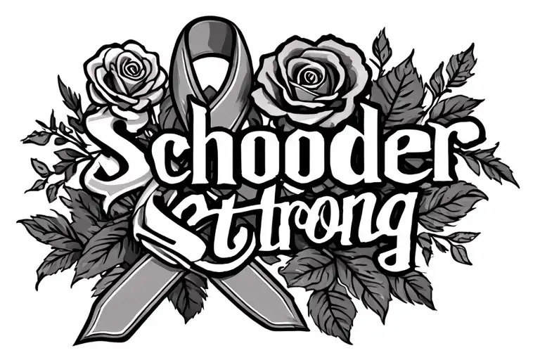 a memorial tattoo feathering a cancer ribbon, small roses, and the words "Schroeder Strong" tattoo design idea