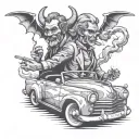 God and the devil are driving in a car and smoking tattoo design idea