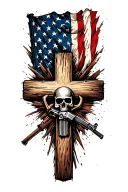 Fallen Soldier cross surrounded by POW Mia KIA flag tattoo design idea