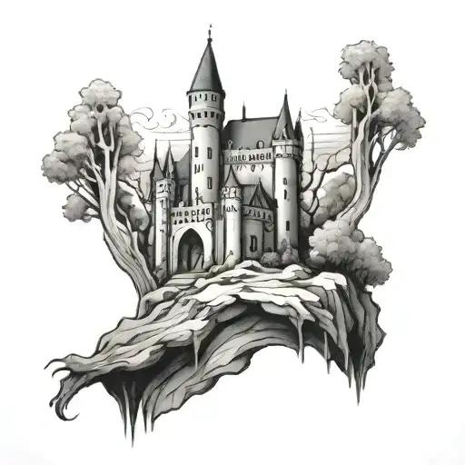 salire sopra weighting in front of castle tattoo design idea