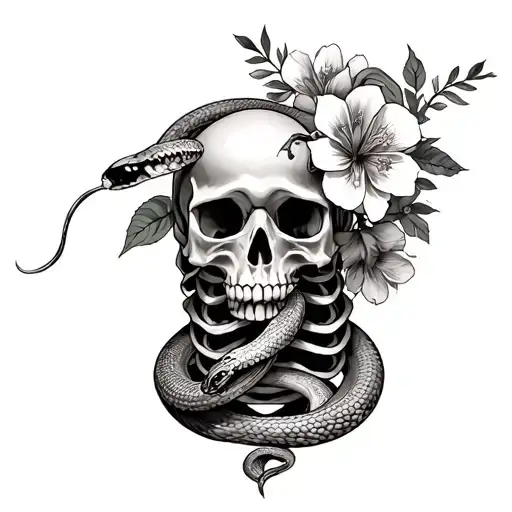 skeleton torso with snake and flowers tattoo design idea