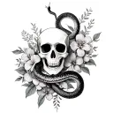 skeleton torso with snake and flowers tattoo design idea