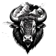 male buffalo head with storm clouds in background tattoo design idea