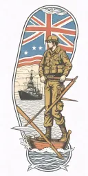 war soldier with Australian flag and boats and planes tattoo design idea