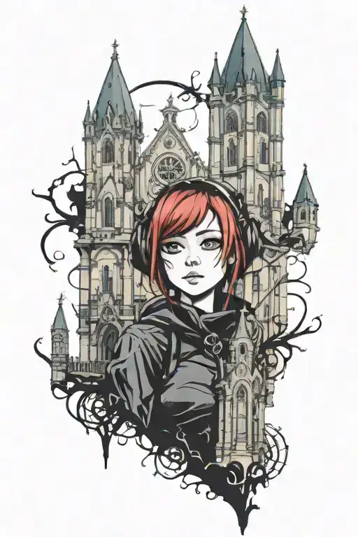 gothic anime girl with gothic church towers background filler tattoo design idea