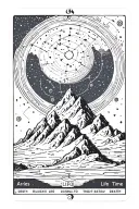 night sky with constellations, jagged mountain landscape, Tarot card, aries, leo, greek, mucha, life, time, death,  tattoo design idea