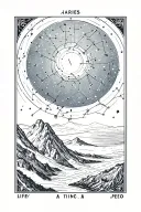 night sky with constellations, jagged mountain landscape, Tarot card, aries, leo, greek, mucha, life, time, death,  tattoo design idea