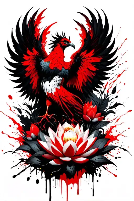 phoenix rising with lotus flowers intertwined tattoo design idea