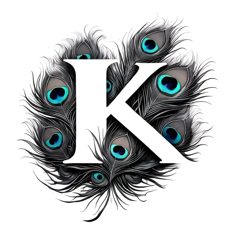 K letter and add more black clouds and peacock feather transforming tattoo design idea
