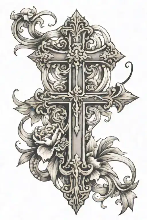 dainty cross with dates 11/24/94 to 5/13/23  tattoo design idea