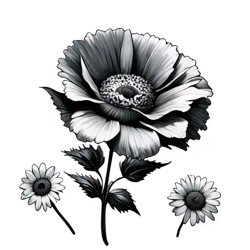daisy flower large black leaves and 2 poppy and daisy flowers tattoo design idea