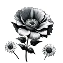 daisy flower large black leaves and 2 poppy and daisy flowers tattoo design idea