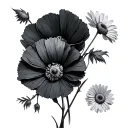 daisy flower large black leaves and 2 poppy and daisy flowers tattoo design idea