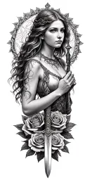 very old Celtic woman posing holding a sword  and the woman is surrounded in a circle of roses tattoo design idea