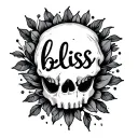 "bliss" in tiny cursive belive hip bone tattoo design idea