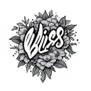 "bliss" in tiny cursive belive hip bone tattoo design idea