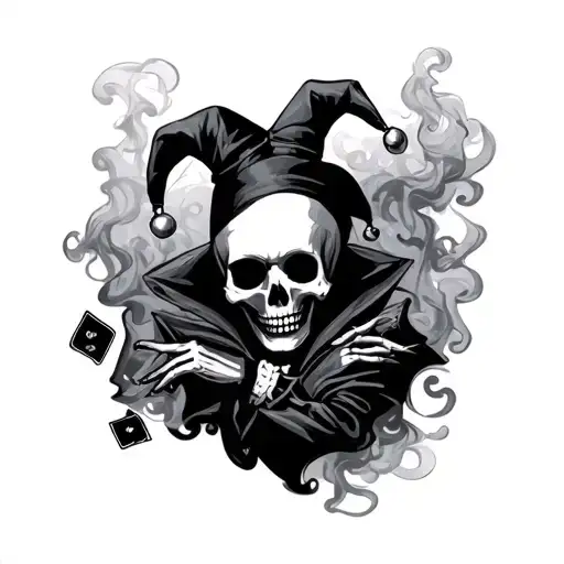 skeleton, jester, playing cards, smoke tattoo design idea