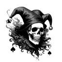 skeleton, jester, playing cards, smoke tattoo design idea