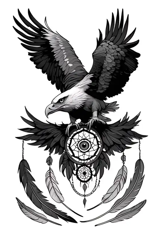 at the top of the arm there’s an eagle, then right below that feathers with a dream catcher and an eye in the middle of  tattoo design idea
