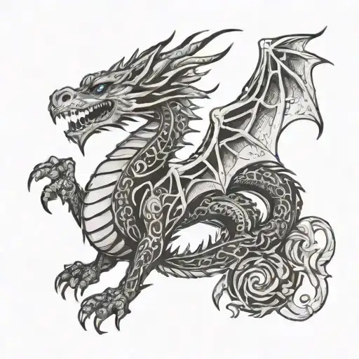 medieval dragon wearing a crown of fire tattoo design idea