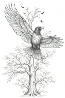 trees and a flying raven with outstretched wings tattoo design idea